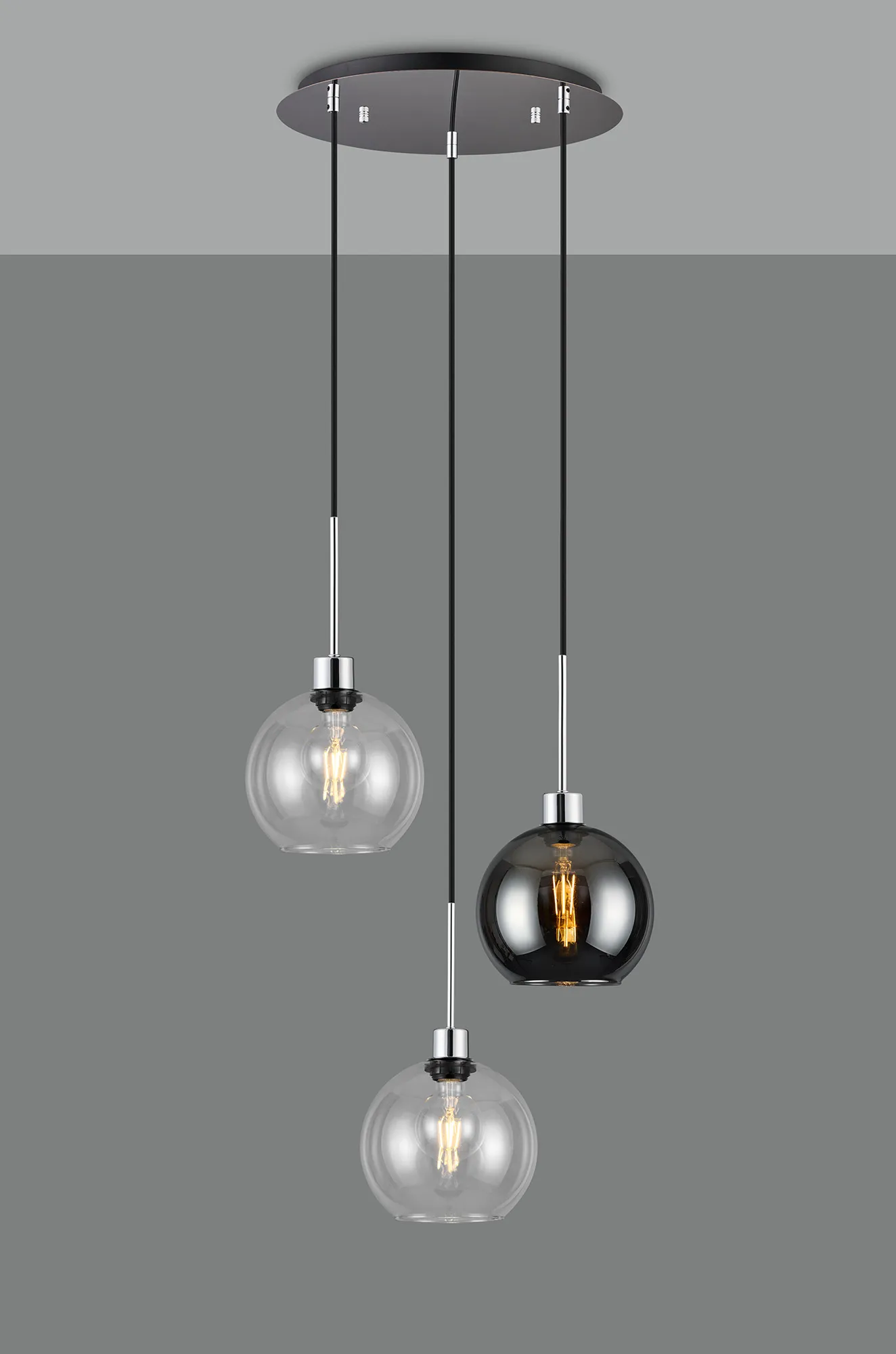 Lori 40cm Round Pendant, 3 Light Adjustable E27, Polished Chrome/Clear/Smoke Open Mouth Round Globe Shades DK1274  Deco Lori Polished Chrome